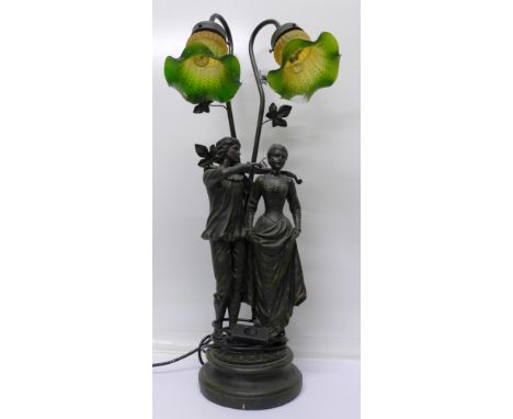 A figural table lamp with twin glass shades, 68cm