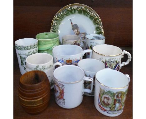 Two transferware plates, Baden-Powell and General Sir Redvers Buller, eight WWI commemorative mugs and a 1902 Coronation mug,