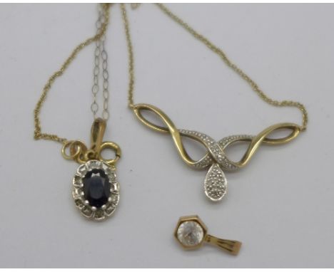 A 9ct gold and diamond necklet, a 9ct gold pendant and chain and a yellow metal pendant, 4.5g