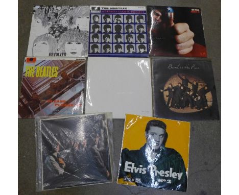 Eight LP records, comprising four The Beatles, (White Album no. 0119064), Wings, Rolling Stones, Elvis Presley and Don McLean