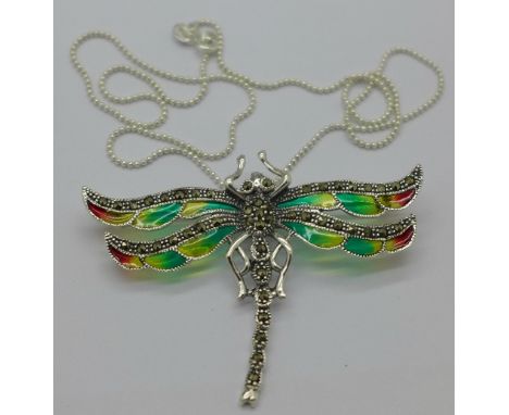 A silver dragonfly pendant and chain, with brooch pin