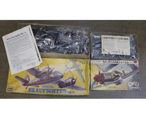 A Revell Bristol Beaufighter, 1/32 scale and a Revell North American Mustang III, boxed