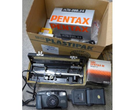 Camera equipment, two lenses including Pentax A70-200mm F4, Pentax 35mm camera, etc. and an Allbrit Planimeter