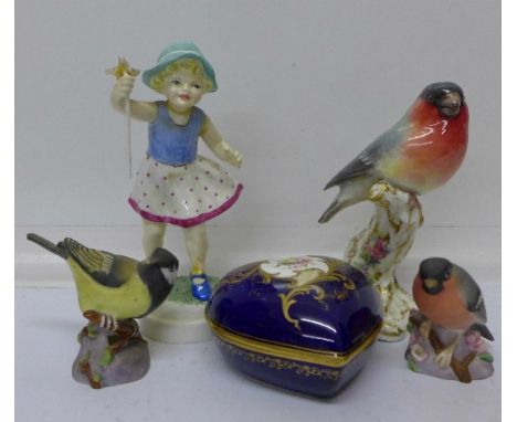 Two Royal Worcester bird figures, Great Tit and Bullfinch, a figure of a chaffinch, a/f, a Royal Worcester figure, Sunday's C