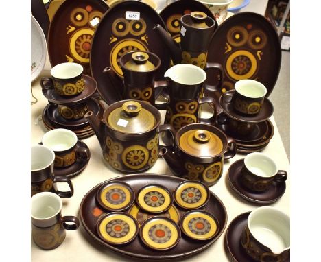 A Denby Arabesque dinner and tea service for six, comprising steak plates, side plates, coffee pots, tea pots, graduated jugs