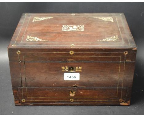 A Victorian Rosewood veneerer lady`s work box and writing slope with inlaid mother of pearl decoration.