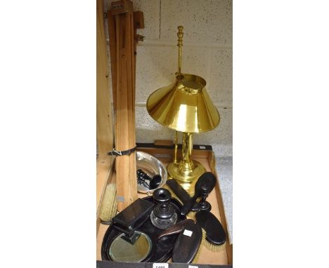 A Victorian ebony dressing table set on tray'  a brass lamp;  easel etc qty