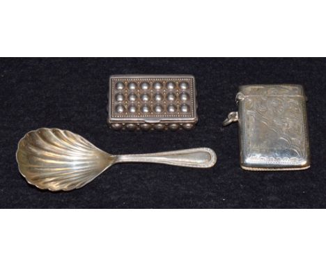 A continental silver rectangular snuff, embossed with roundels, marked 925, 20g; a silver vesta case, Birmingham 1908, 20.4g;