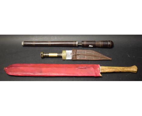 A Maasai short sword, hid bound grip and scabbard; etc (3)