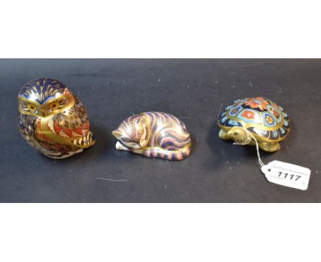 A Royal Crown Derby paperweight Little Owl, gold stopper; others; sleeping kitten and a Terrapin, silver stoppers (3)