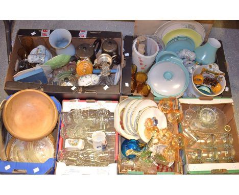 Ceramics, Glass and Metal ware - A suite of lustre hock glass; other coloured glass; a part Poole pottery two tone dinner ser