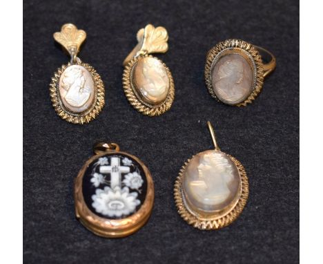 Jewellery - a Victorian rolled gold and enamelled locket; a mother of pearl and 800 grade silver parure (5)