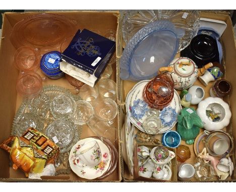 Ceramics and Glass - a Royal Crown Derby Posies trio, strainer, etc.; a Bamboo ware teapot; an Art Deco blue glass fruit bowl