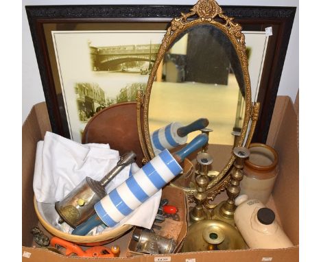 A T.G. Green style blue and white ceramic rolling pin; a John Linwood bottle spit jack; other kitchenalia and linen; a Derby 