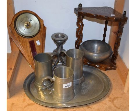 Boxes and Objects - An oak carved whatnot corner shelf;  an Art Deco barometer;  an Arts and Crafts pewter oval tray;  other 