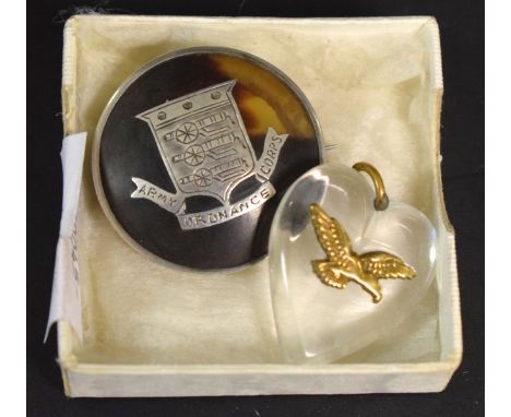 A tortoiseshell and silver Royal Ordnance Corp brooch; RAF sweetheart pendant