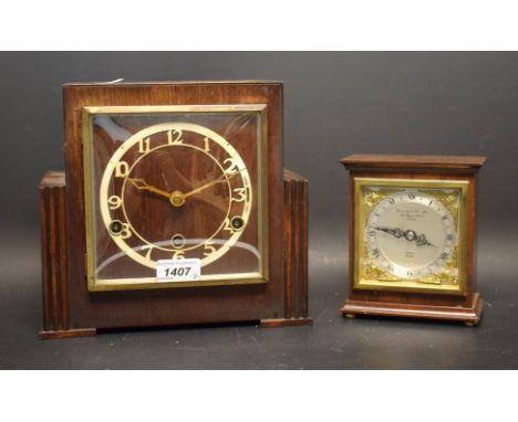 An oak Art Deco chiming mantle clock with pendulum and key; another, Garrand & co Ltd of London  Elliott mantle clock (2)