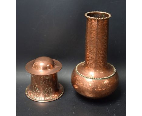 A William Soutter and Sons copper spreading cylindrical tobacco jar, A Quiet Pipe, comically engraved with figures smoking pi