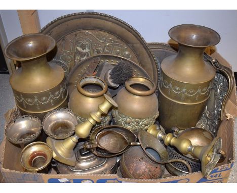 Metalware - A pair of large brass vases; another pair smaller; brass and copper chargers; a three piece EPNS tea service; bra