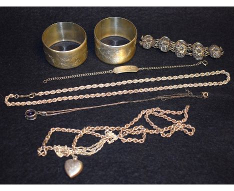 Silver - A pair of Victorian napkin rings; rope necklaces; a heart shaped pendant on chain; another; bracelet; others 