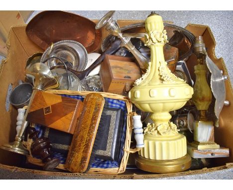 Boxes & Objects, an Art Deco style lamp;  others, boxes, metalware etc qty