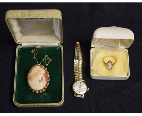 Jewellery - a 9ct gold framed cameo brooch, portrait maiden, London 1968; a cameo ring, 9ct gold shank; a lady's Rotary wrist