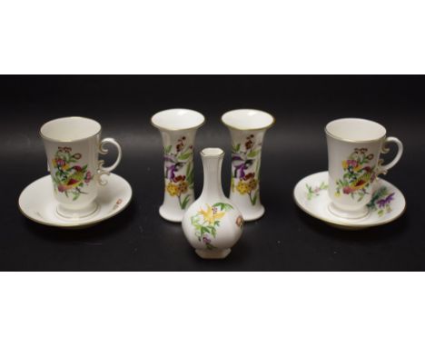 Royal Worcester Mandarin Birds - a pair of tall cups and saucers; a pair of spill vases; bud vase (5)