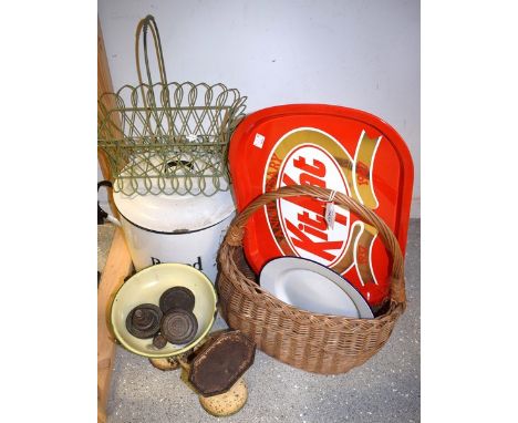 Kitchenalia - A pair of kitchen scales and weights;  a large cylindrical enamel bread bin;  a wicker basket;  advertising, et