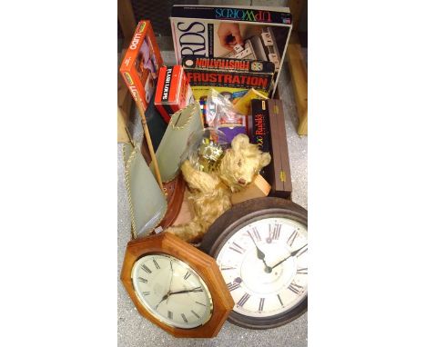 A novelty table lamp as a sailing yacht; anniversary clocks; other clocks; a mohair teddy bear; toys and games including Frus