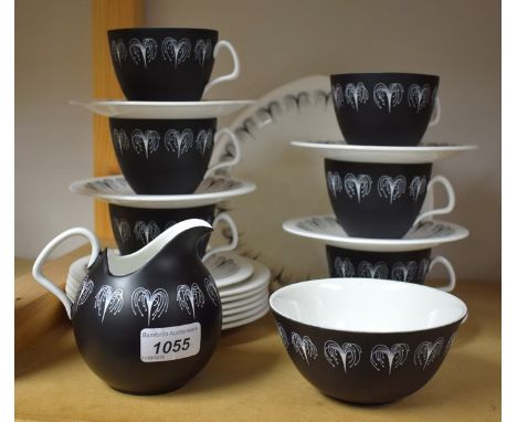 A Foley Bone China Domino pattern six-setting tea service, designed by Hazel Thumpston, comprising tea cups, saucers and tea 