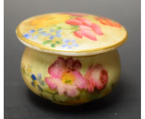 A miniature Royal Worcester rouge pot and cover