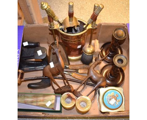 Boxes and Objects - a birch church warden's pipe, c.1900; antler hafted carving set; Pakistan green onyx (4); oak candlestick