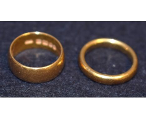 A 22ct gold wedding band, size J/K. 7.9g;  another 18ct gold, size K, 6.1g (2)