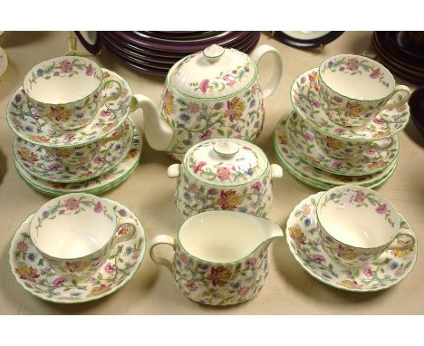 A Minton Haddon Hall pattern six setting tea service, including teapot, milk jug, sugar bowl, cups, saucers etc, printed mark