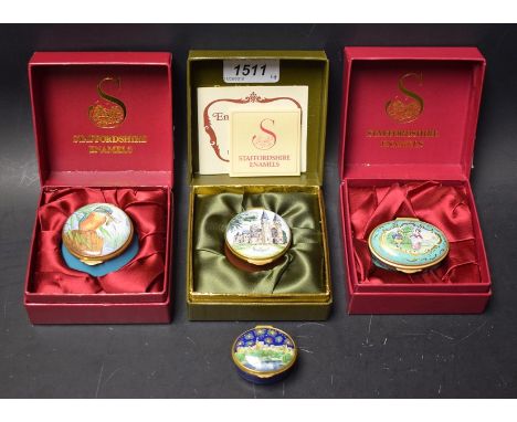 A Staffordshire enamel box The Kingfisher, limited edition 406/750; others, Southwell Minster 112/250; the Mozart music box ;