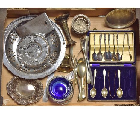 A silver pierced bon bon dish, London; a plated swing handle basket; plated ware; a cigarette case; etc