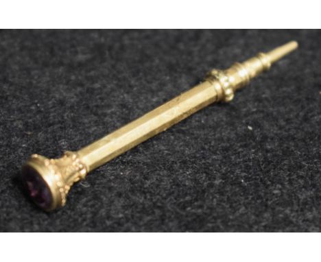 A Victorian miniature gold pencil, amethyst seal top