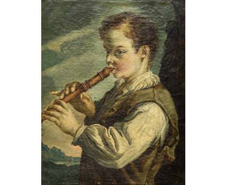 After Alexis GRIMOU (c.1678-1733) The Flautist   18th century oil on canvas, 35x28cm and 43.5x36cm overall   There is moderat