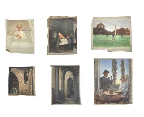Millicent Lisle WOODFORDE (1880-1923) Six oils on canvas  Including two Cathedral interiors, a sporting scene, a group dining