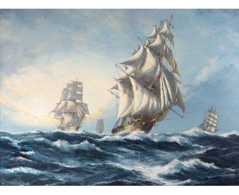 John Bentham DINSDALE (1927-2008) Sun Up, Wind Up -leaving them all behind.  Oil on canvas, showing the USS Dreadnought, sign