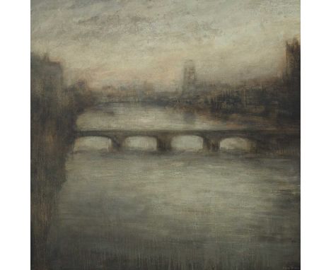 Benjamin R. WARNER (1970) Mist Over Westminster Bridge Oil on canvas, signed, 102 x 102cm, framed 120 x 120cmThis work appear