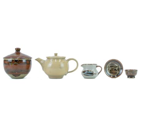 Crowan Pottery Lidded pot  Stoneware, height 13cm. Together with a Crowan Pottery teapot and jug. (3)