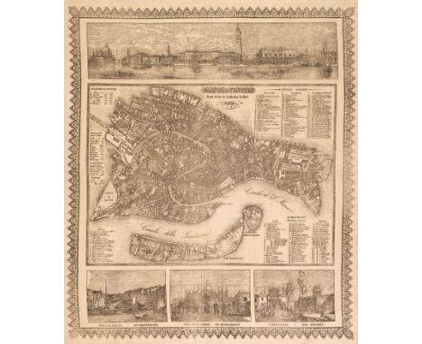 Venice. Seiffert (Guglielmo), Pianta di Venetia, 1859, uncoloured lithographic map printed on cotton, prospects and views to 