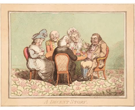 * Gillray (James). A Decent Story, H. Humphrey, April 17th 1797, etching on wove with bright contemporary hand-colouring, lar