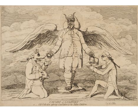 * Gillray (James). "Crumbs of comfort", or-old-orthodox, restoring consolation to his fallen children, [London, 1782], uncolo