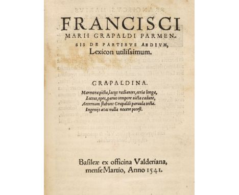 Grapaldi (Francesco Mario). De Partibus Aedium, Lexicon utilissimum, Basel: ex officina Valderiana [Johann Walder], mense Mar