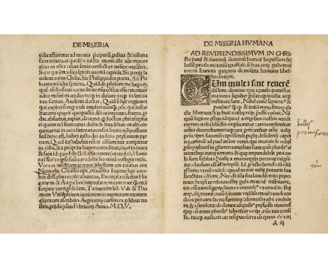 Garzoni (Giovanni). De Miseria Hu[m]ana, Strasbourg: Johann Grüninger, 4 March 1505, 20 unnumbered leaves (A8, B4, C8), occas