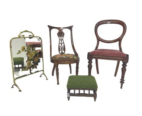 Two Victorian mahogany balloon back chairs, late Victorian mahogany chair with pierced splat, brass and glazed firescreen wit