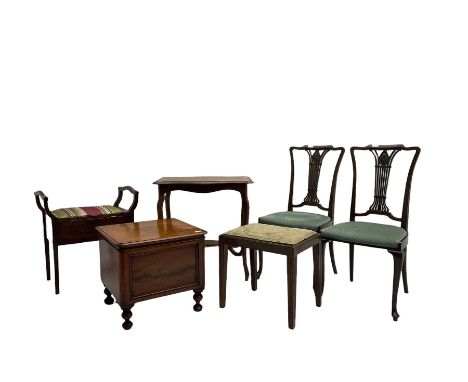 Early 20th century painted mahogany occasional table, piano stool, Victorian mahogany commode stool, two bedroom chairs, and 