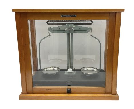 Griffin &amp; George set of laboratory scales in fully glazed hardwood cabinet with rise-and-fall front door, H40cm D22cm W45